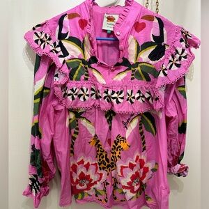 Farm Rio pink long sleeve blouse, size M